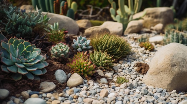 A variety of succulents are on a gravel bed.