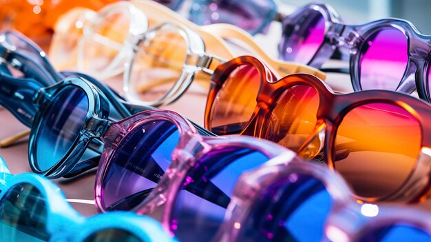 A variety of sunglasses are displayed on a table