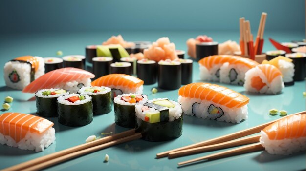 Photo a variety of sushi are on a table with other sushi