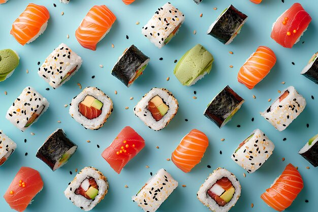 Foto una varietà di sushi su una superficie blu