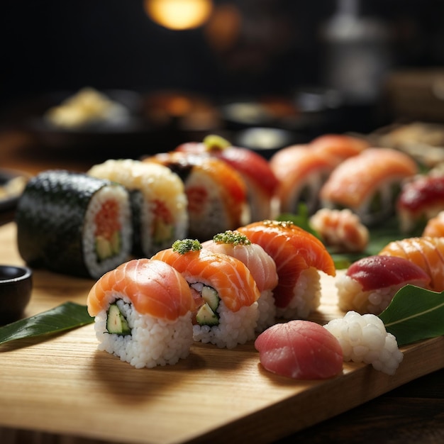 a variety of sushi is on a wooden table
