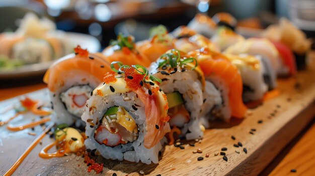A variety of sushi rolls are arranged on a wooden board The rolls are topped with different types of fish roe and vegetables