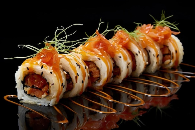 a variety of sushi rolls with a green garnish on the top