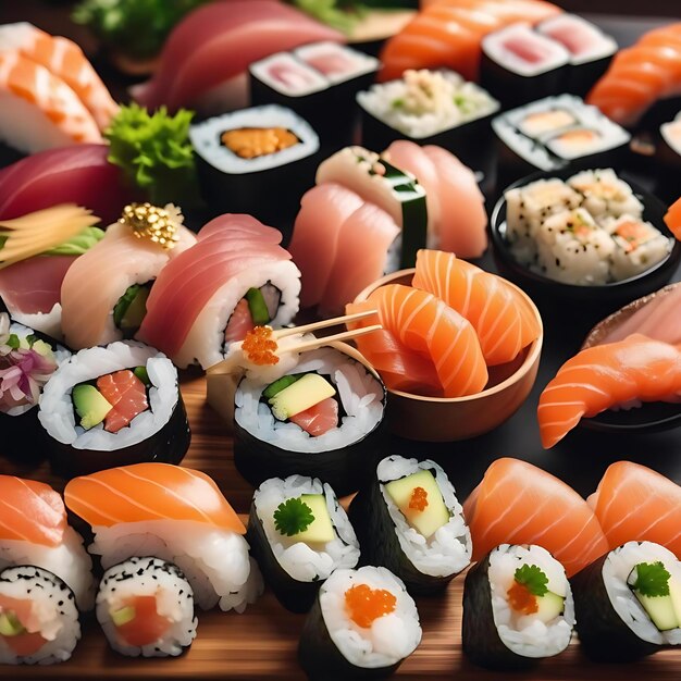 Photo a variety of sushi on a tray with one that says sushi