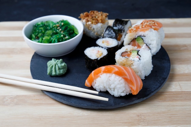 Variety of sushi with wasabi and say souce