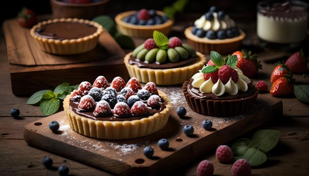 A variety of tarts are displayed on a wooden board.