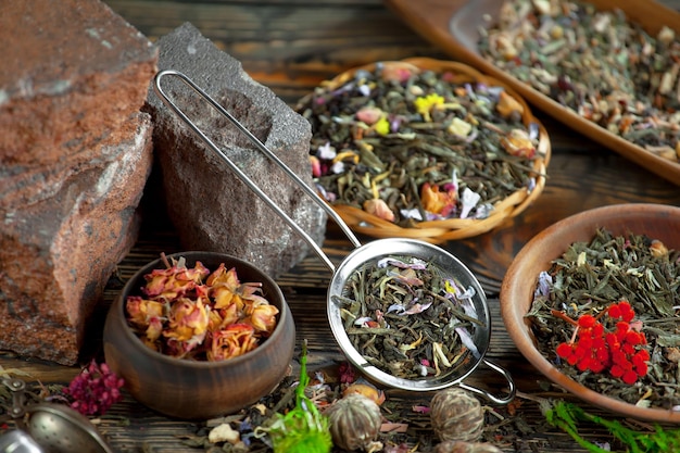 A variety of teas are displayed on a table.