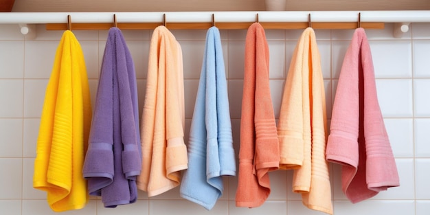 Variety of tidy kitchen towels on rack