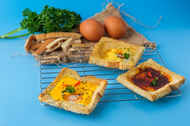 Variety of toast bread with tasty toppings.