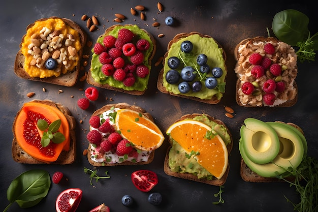 A variety of toasts are displayed on a black table.