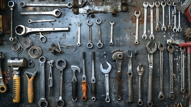 Photo a variety of tools are arranged on a metal pegboard the tools include wrenches hammers screwdrivers and pliers