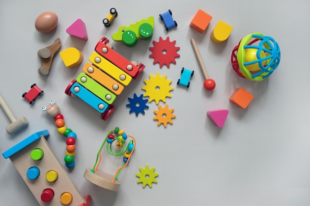 A variety of toys including a ball, a ball, a ball, a ball, and a wooden toy.