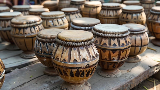 A variety of traditional drums are displayed for sale at a market The drums are made of different materials and have different sizes and shapes