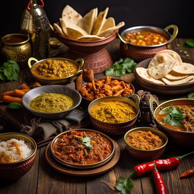 Variety traditional Indian dishes on the wooden table selection of assorted spicy food