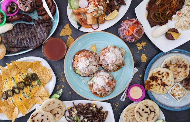 Variety of traditional Salvadoran dishes Top view