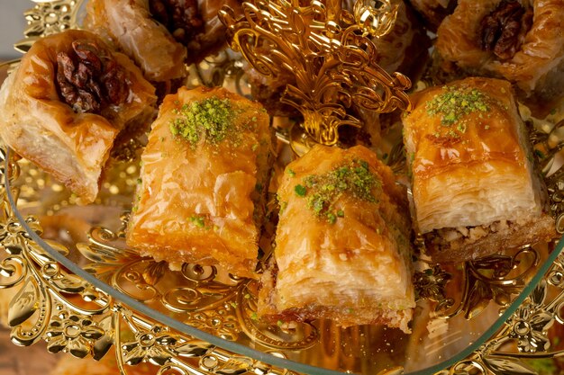 Variety of turkish desserts served on cake stand