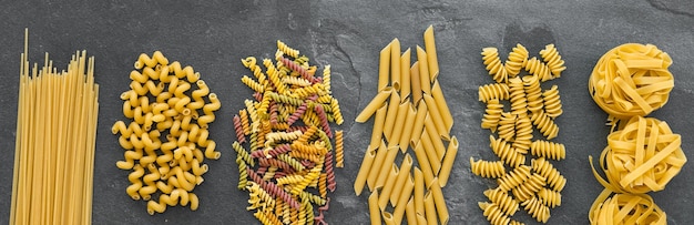 Variety of types and shapes of Italian pasta