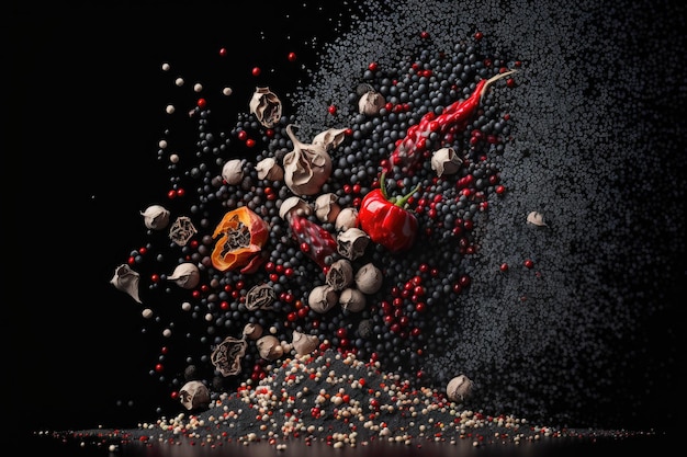 A variety of various kinds eruption of peppercorns against a dark background