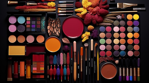 A variety of various makeup is spread out on the black background HD image