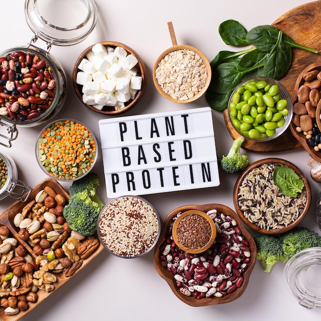 Variety of vegan plant based protein food legumes lentils\
beans