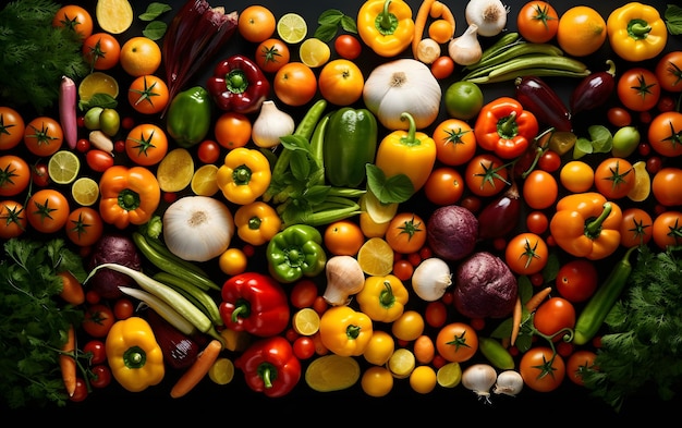 A variety of vegetables are arranged on a black background.