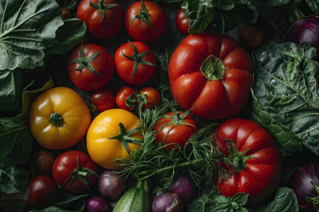 A variety of vegetables and fruits including tomatoes are displayed in a bowl