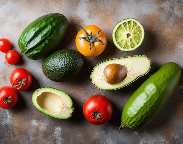 A variety of vegetables including avocados, tomatoes, cucumbers, and tomatoes.