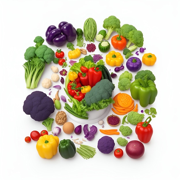 Разнообразные овощи, в том числе фиолетовые, красные, желтые и зеленые.