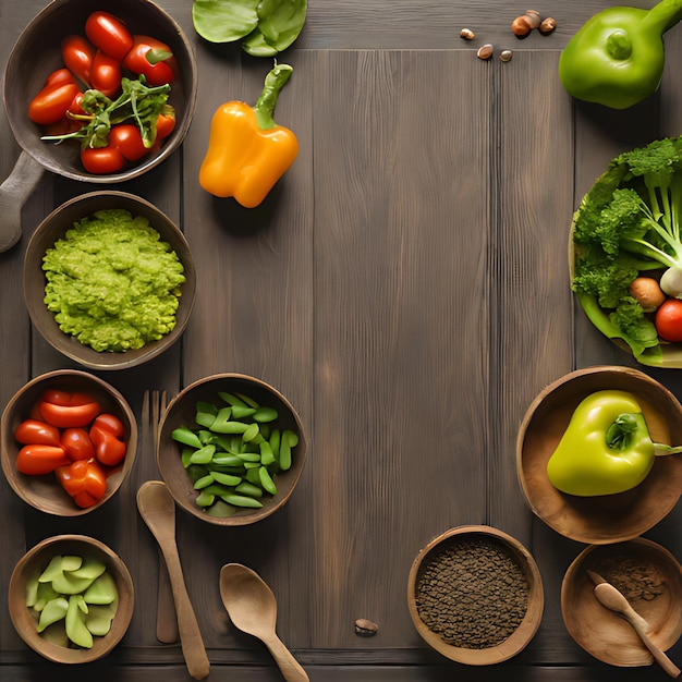 На столе расположены различные овощи, включая помидоры, салат и петрушку.
