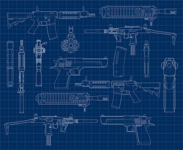 A variety of weapons in a stylized drawing style