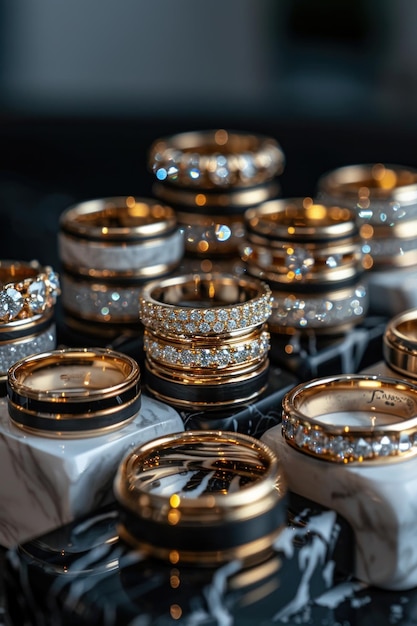 Variety of Wedding Rings Displayed on Table