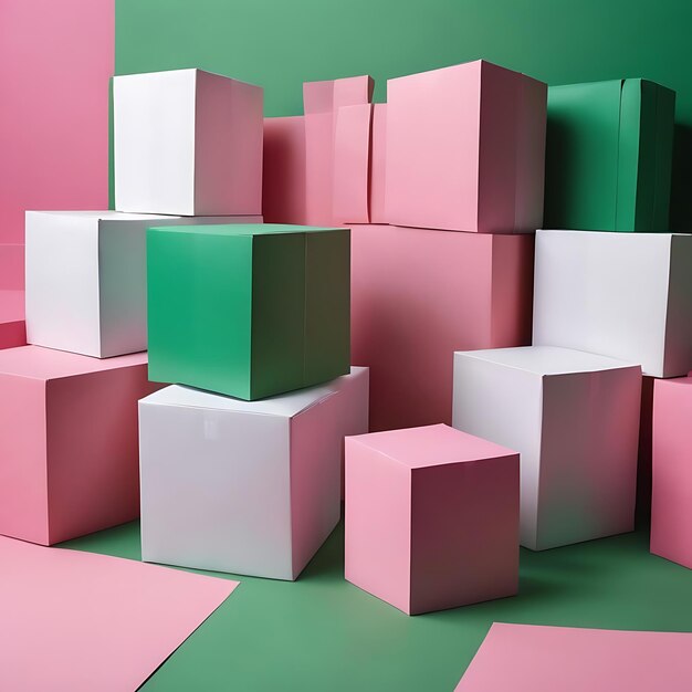 Variety of white boxes on pink and green paper background