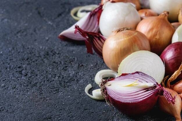 Variety of whole and sliced onion