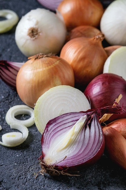 Variety of whole and sliced onion