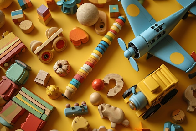 Foto una varietà di giocattoli e blocchi di legno su una superficie gialla