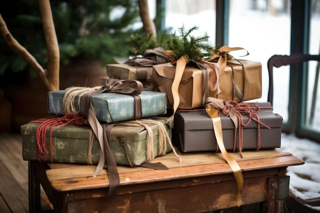 A variety of wrapped gifts with tags on a vintage sled