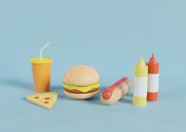 Varios fastfood met hamburger pizza en hotdog. 3D illustratie weergave