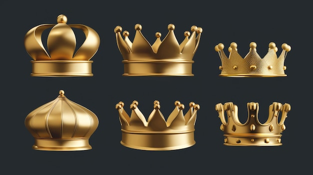 Various angles of a golden king crown A realistic 3D modern illustration featuring a simple medieval royal emblem made of gold An icon of a kingdom winner trophy or award