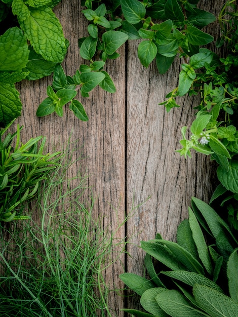 Foto varie erbe aromatiche e spezie hanno installato su vecchio fondo di legno.