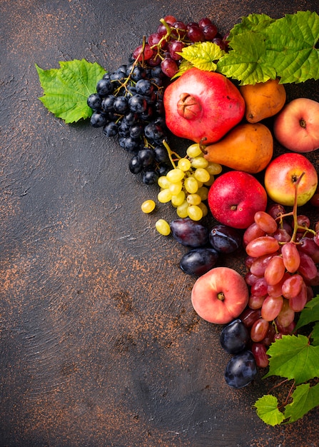 Various autumn fruits on concrete