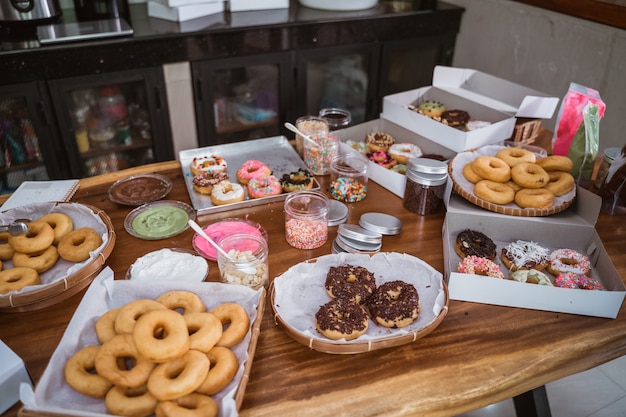Various baked donuts on the table