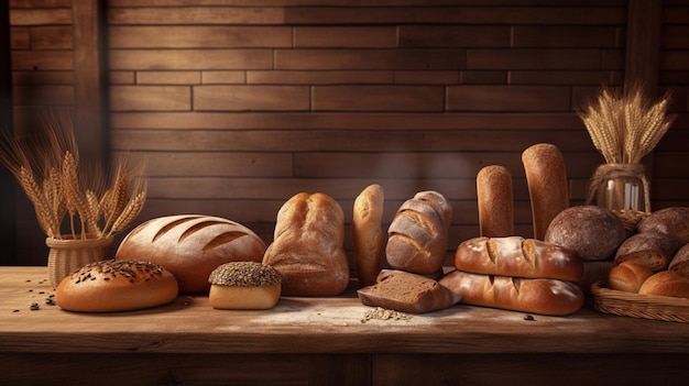 Various bakery products on a wooden table in a bakery