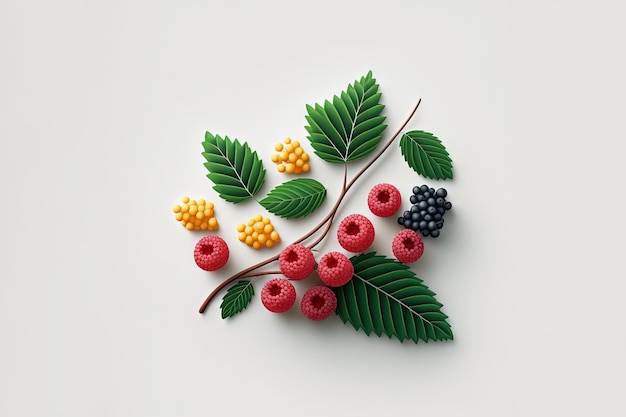 Various berries composition with leaves on white background Juicy berries laying Generated AI