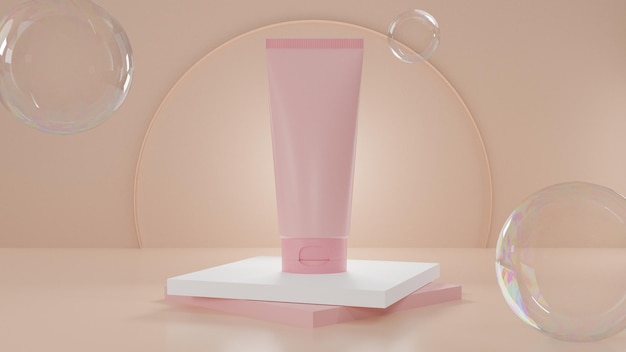 Various blank cosmetic container mockupsplastic cream tubeBeauty product package isolated on pink pastel background3d illustration