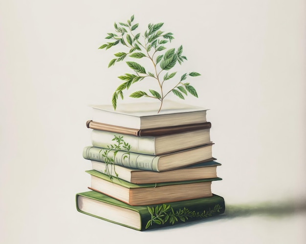 Various book stacks with a green twig on a white backdrop