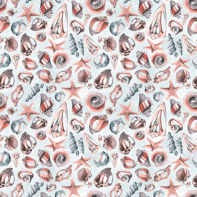 Various broken seashells and starfish on a blue background Watercolor illustration Seamless pattern from the collection of WHALES For fabric textiles wallpaper packaging beach and summer prints