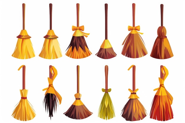 Photo various brooms in different colors and shapes perfect for household or halloween themed designs