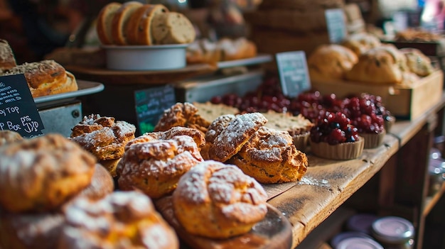 Various buns and baked breads on a market counter Selective focus