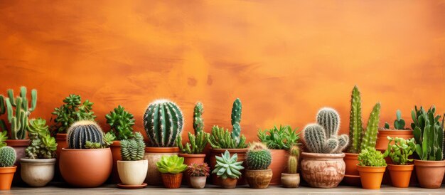 Various cacti displayed on table with brick wall backdrop for interior design