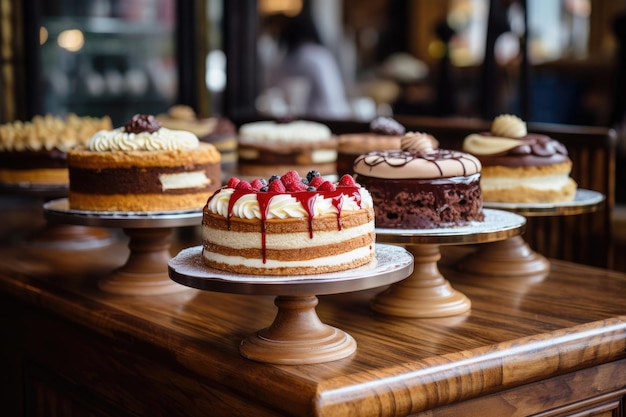 Various cakes on wooden table in a shop Generative AI